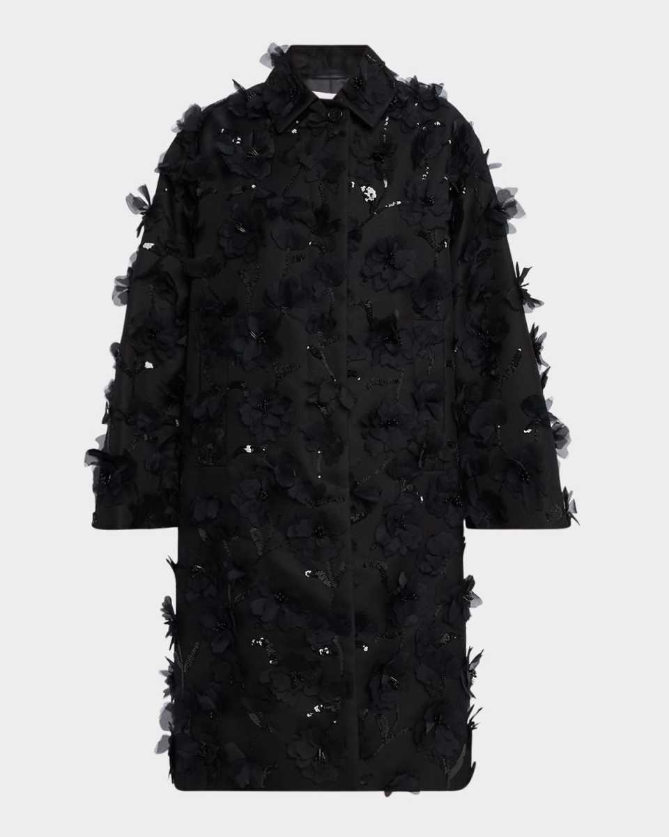 Floral Beaded Wool Balmacaan Coat